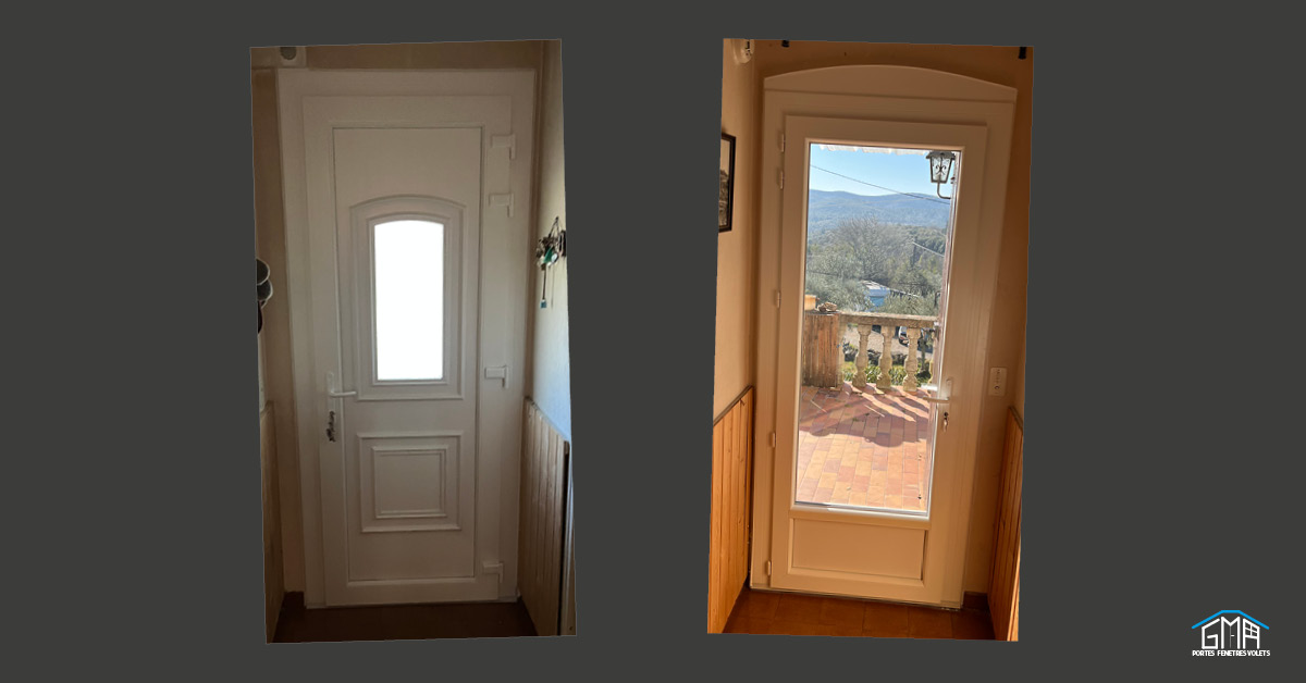Porte d’entrée vitre et porte-fenêtre un vantail, avec serrure à clé et soubassement plein en pvc blanc par GMA Fenêtres Alès