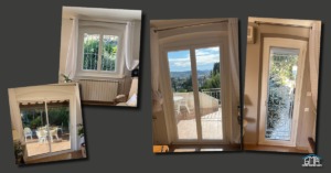 Fenêtres et portes-fenêtres en PVC, serrure à clé sans soubassement. Baie coulissante en alu avec habillage du cintre par GMA Fenêtres à Alès