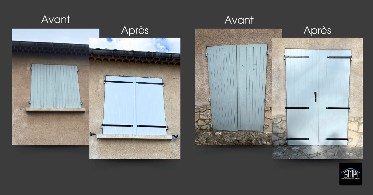 Volets battants à lames verticales en aluminium gris clair par GMA Fenêtres à Alès